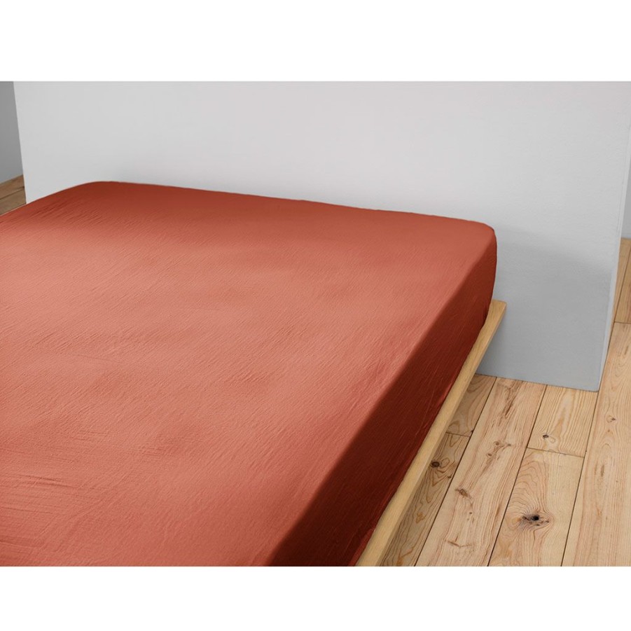 Textiles Fabrique De Styles Draps Housses | Drap Housse En Gaze De Coton Unie Terracotta 140X190Cm - Gaia