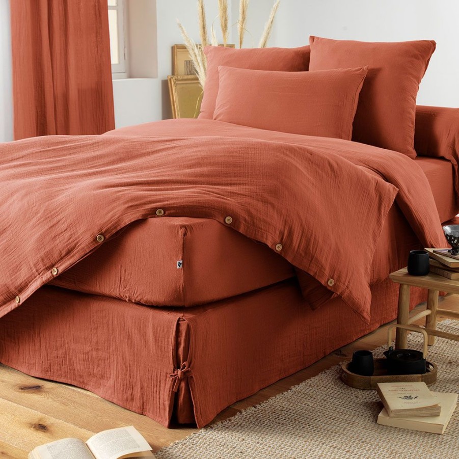 Textiles Fabrique De Styles Draps Housses | Drap Housse En Gaze De Coton Unie Terracotta 140X190Cm - Gaia