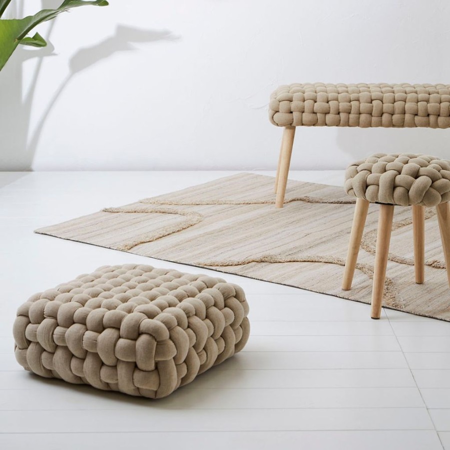 Meubles Fabrique De Styles Poufs Et Tabourets | Tabouret En Lin Et Panneau De Bois Naturel 52X52Cm - Element