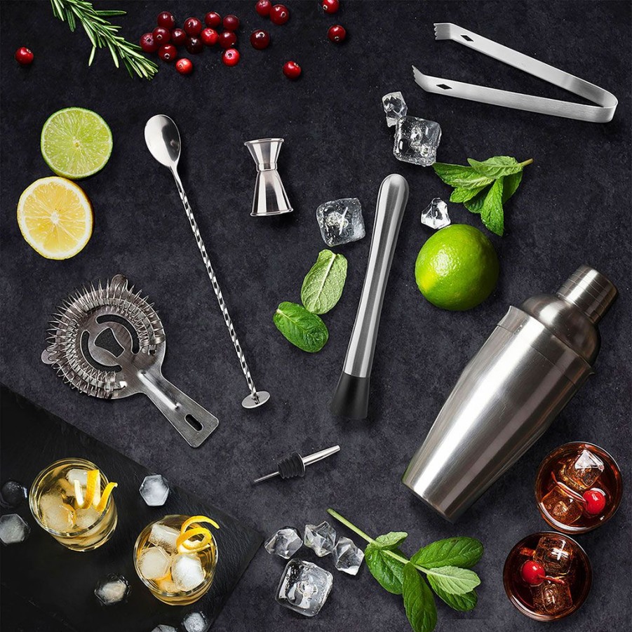 Arts De La Table Fabrique De Styles Accessoires Vin Et Cocktails | Coffret De Cocktail En Acier Argente Et Bambou