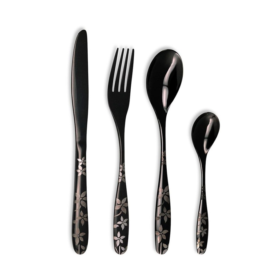 Arts De La Table Fabrique De Styles Menageres | Menagere 16 Pieces En Inox Noir Motif Printemps