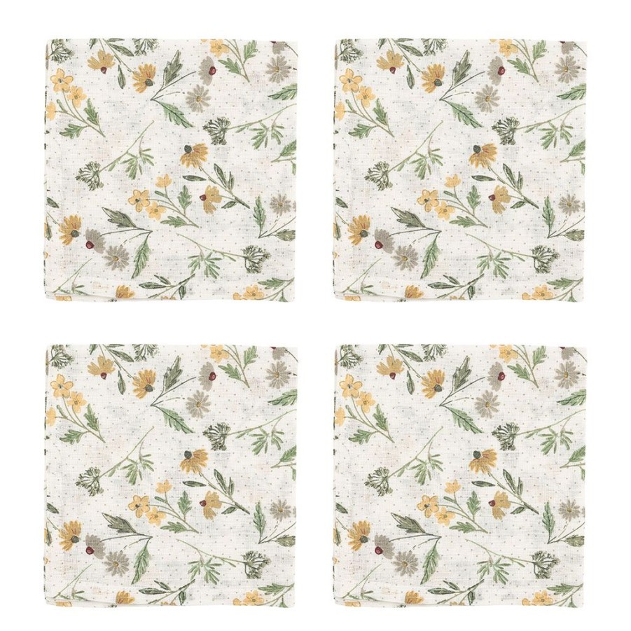 Textiles Fabrique De Styles Serviettes De Table | Serviettes X4 Fleuri Blanc Et Vert En Lin - Louise