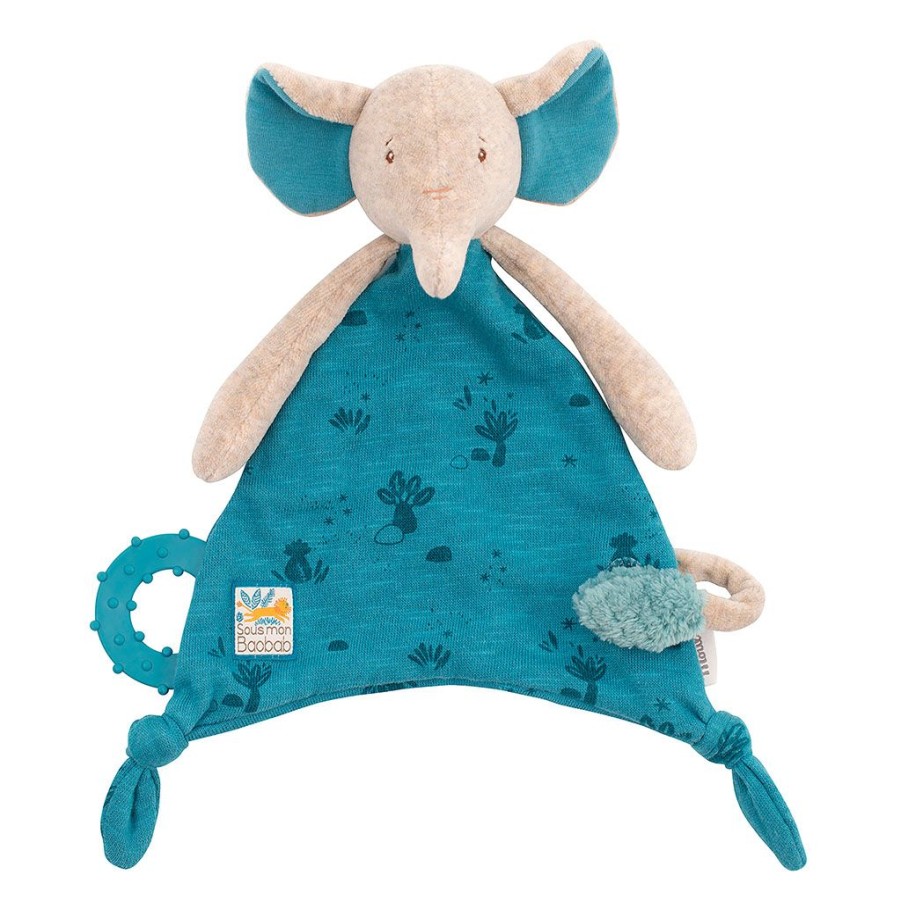 Coin Des Petits Fabrique De Styles | Doudou Attache-Tetine Elephant Sous Mon Baobab - H33Cm Bleu