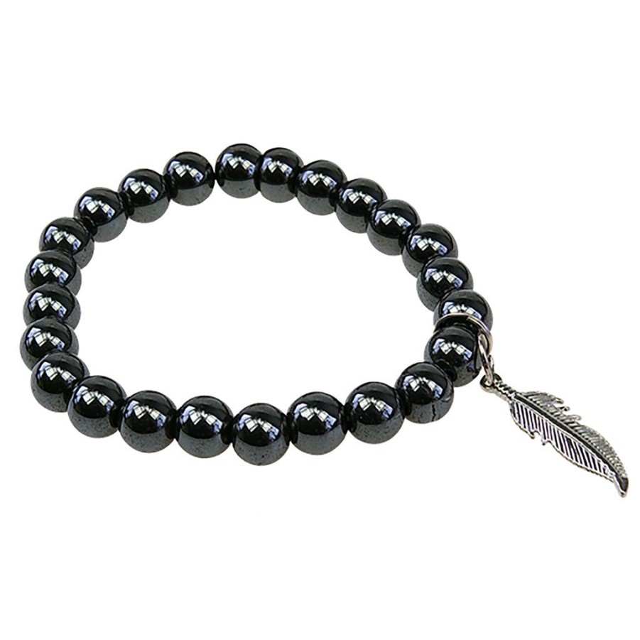 Accessoires Et Loisirs Fabrique De Styles Bijoux Fantaisie | Bracelet Hematite Perles Rondes 8Mm Et Plume