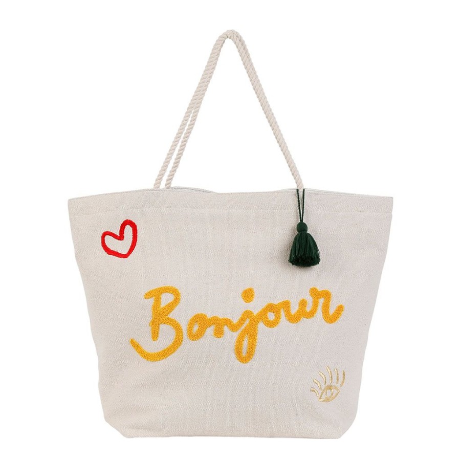 Accessoires Et Loisirs Fabrique De Styles Sacs Et Pochettes | Sac Bonjour Brodee Amore Blanc Casse 55X21X40Cm En Coton Et Polyester