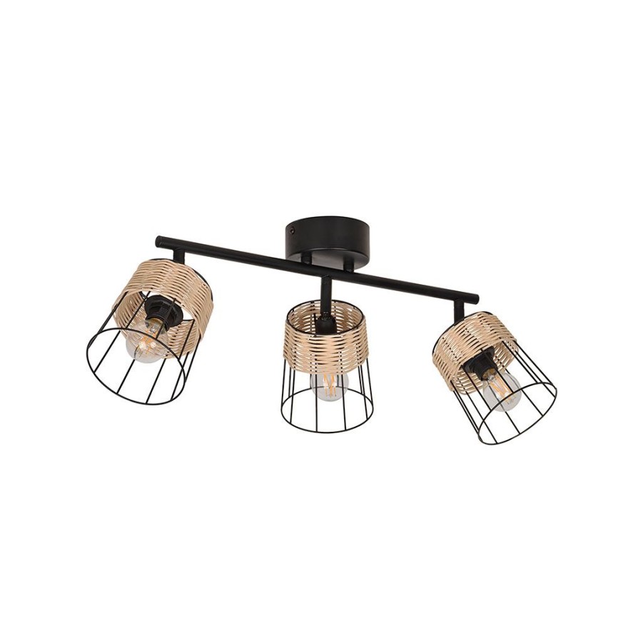 Luminaires Fabrique De Styles | Spot 3 Lumieres En Metal Et Rotin Tresse H23Cm Noir - Indah