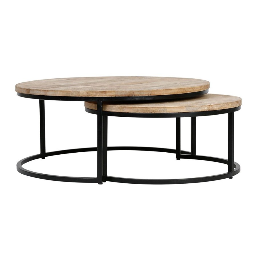 Meubles Fabrique De Styles Table Basses | Table Basse Gigogne Ronde (Lot De 2) En Manguier Et Fer Noir - Noe