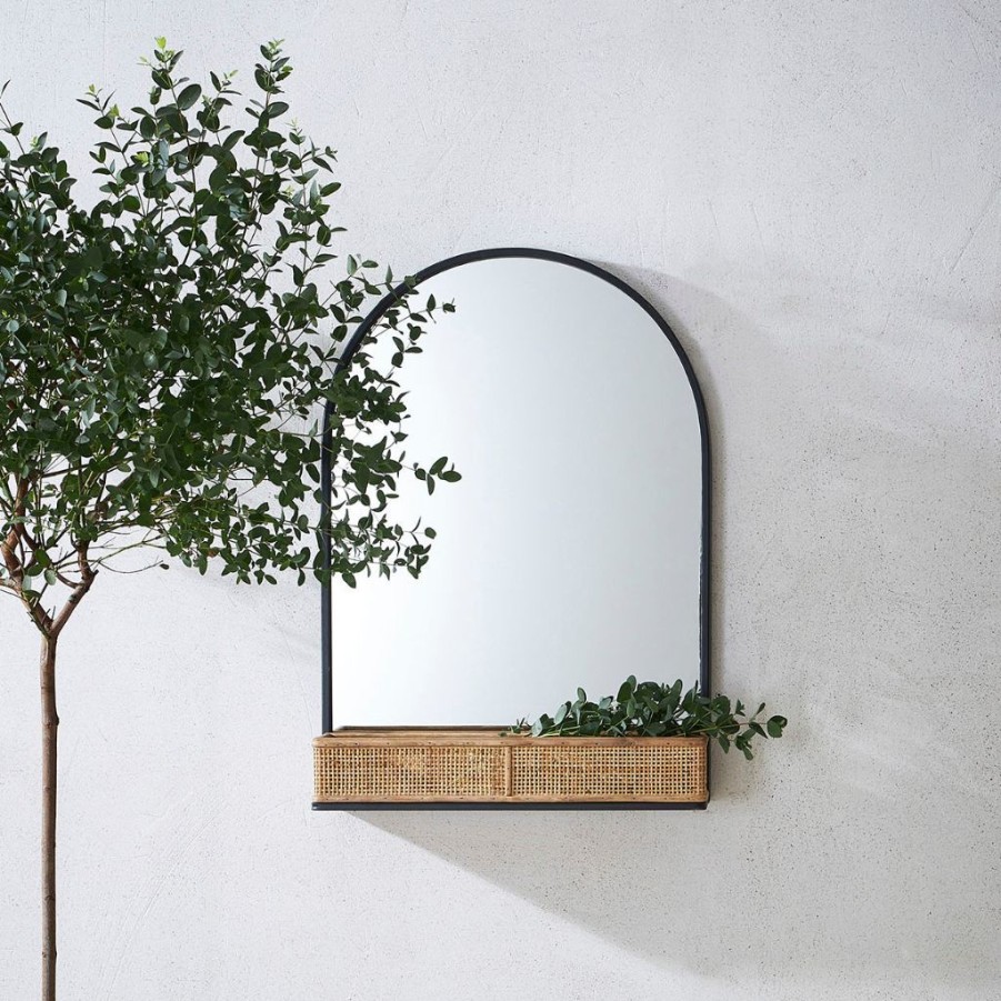 Deco Fabrique De Styles | Miroir En Fer Noir Arrondie Avec Etagere Bambou Naturel 50.5X70Cm - Garden