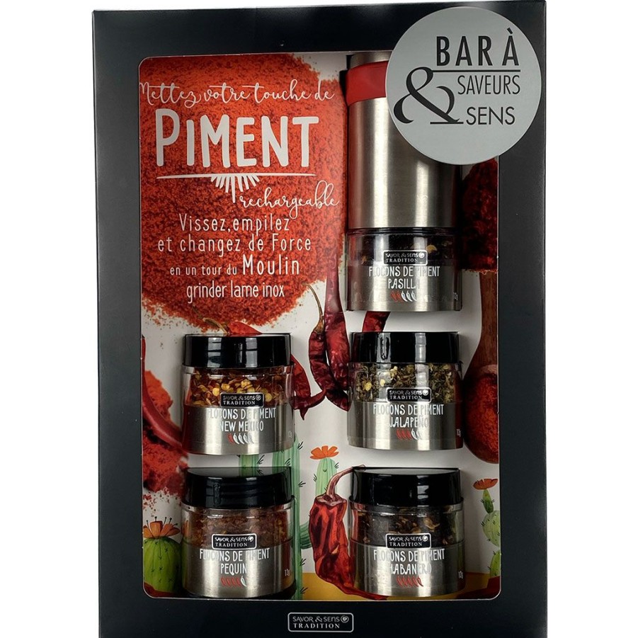 Epicerie Fabrique De Styles Condiments Et Epices | Coffret Bar A Piment Avec Moulin Integre - 5 Pots Et Un Moulin