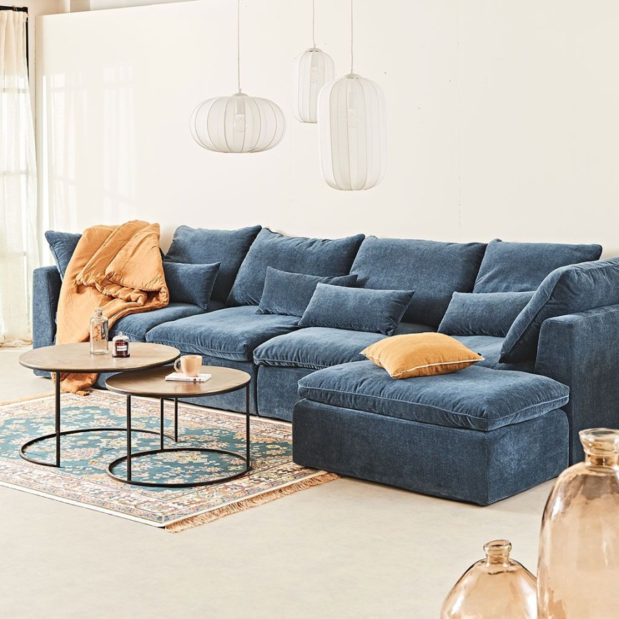 Meubles Fabrique De Styles Canapes Modulables | Canape Modulable 4 Places Bleu Grise Avec Pouf - Auguste