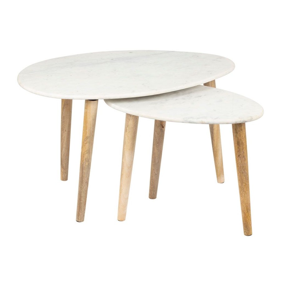 Meubles Fabrique De Styles Table Basses | Lot De 2 Tables Basse En Marbre Et Manguier Blanc 76X50Xh45Cm - Organic