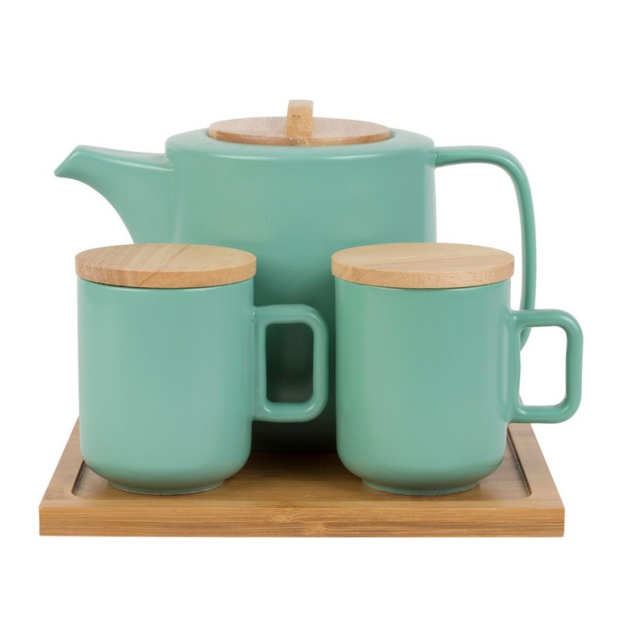 Arts De La Table Fabrique De Styles Theieres Et Cafetieres | Coffret Theiere Avec 2 Mugs En Porceliane Vert D'Eau Et Son Plateau - Eliska