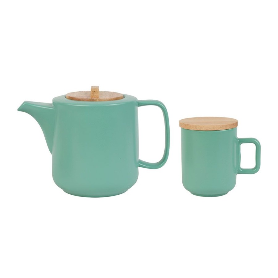 Arts De La Table Fabrique De Styles Theieres Et Cafetieres | Coffret Theiere Avec 2 Mugs En Porceliane Vert D'Eau Et Son Plateau - Eliska