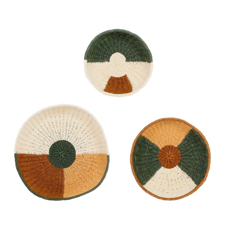 Deco Fabrique De Styles Petits Objets Deco | Deco Murale Ronde Panier X3 Vert, Brun Et Corail En Corde - Sweet Leaves