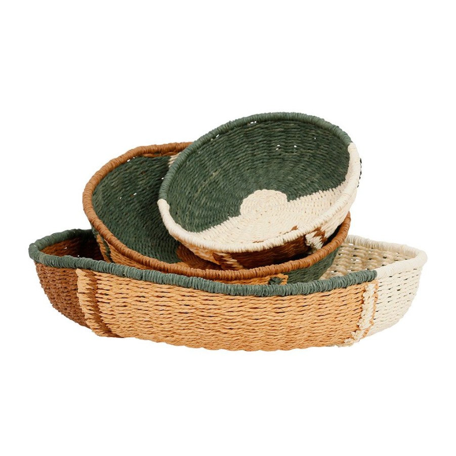 Deco Fabrique De Styles Petits Objets Deco | Deco Murale Ronde Panier X3 Vert, Brun Et Corail En Corde - Sweet Leaves