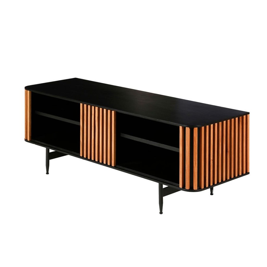 Meubles Fabrique De Styles Meubles Tv | Meuble Tv En Chene Naturel Et Noir 4 Niche L130Cm - Linea