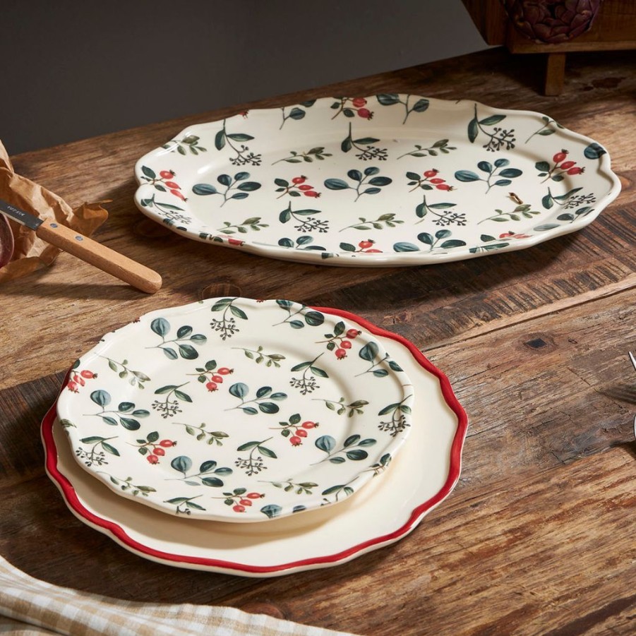 Arts De La Table Fabrique De Styles Plats Et Saladiers | Plat Sur Pied En Faience Ecru Et Rouge 39X27Xh3.5Cm - Eglantine