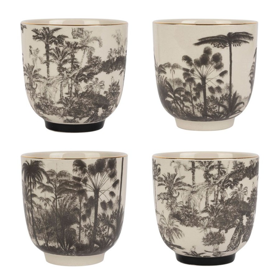 Arts De La Table Fabrique De Styles Tasses Et Mugs | Lot De 4 Tasses En Gres Blanc Avec Motif Arbres Tropical Noir 17.5Cl - Palmea