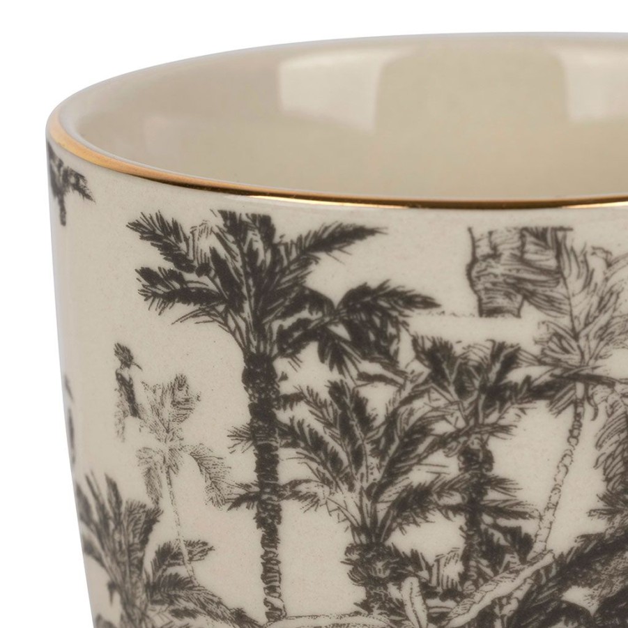 Arts De La Table Fabrique De Styles Tasses Et Mugs | Lot De 4 Tasses En Gres Blanc Avec Motif Arbres Tropical Noir 17.5Cl - Palmea