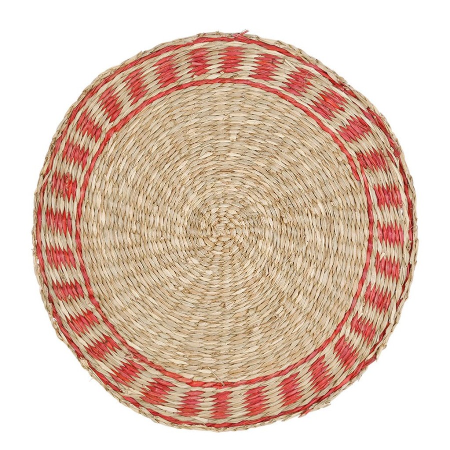 Textiles Fabrique De Styles Sets De Table | Set Table Rond Damier Naturel Et Rouge D35Cm En Jonc De Mer