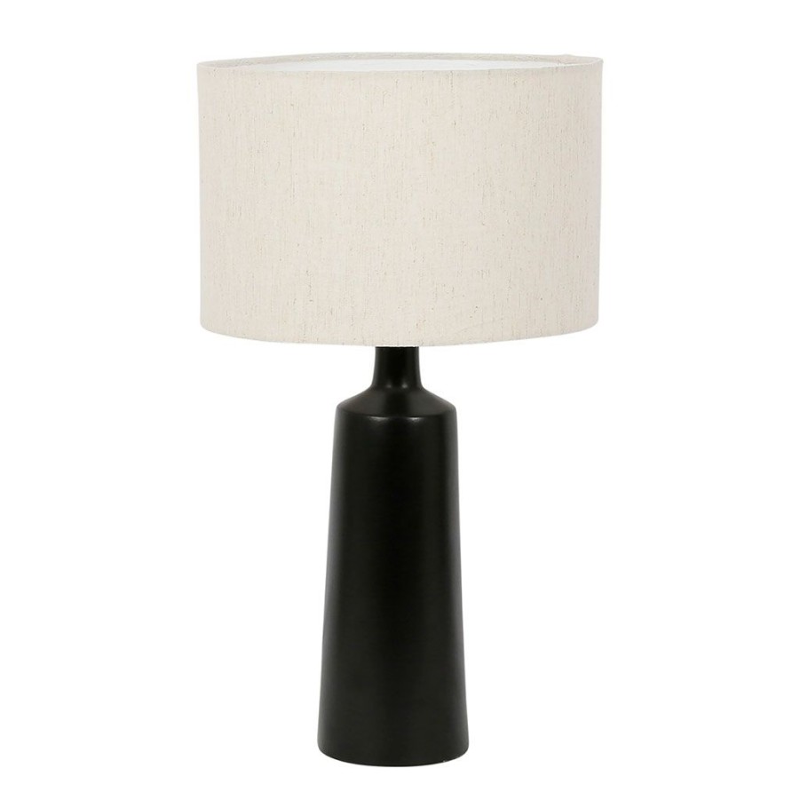 Luminaires Fabrique De Styles | Lampe A Poser En Fer Noir Et Coton, Lin Blanc - Haleg