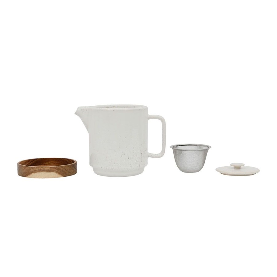 Arts De La Table Fabrique De Styles Theieres Et Cafetieres | Theiere Avec Filtre Blanc Mouchete 1.15L En Gres Et Dessous En Bois - Nordika