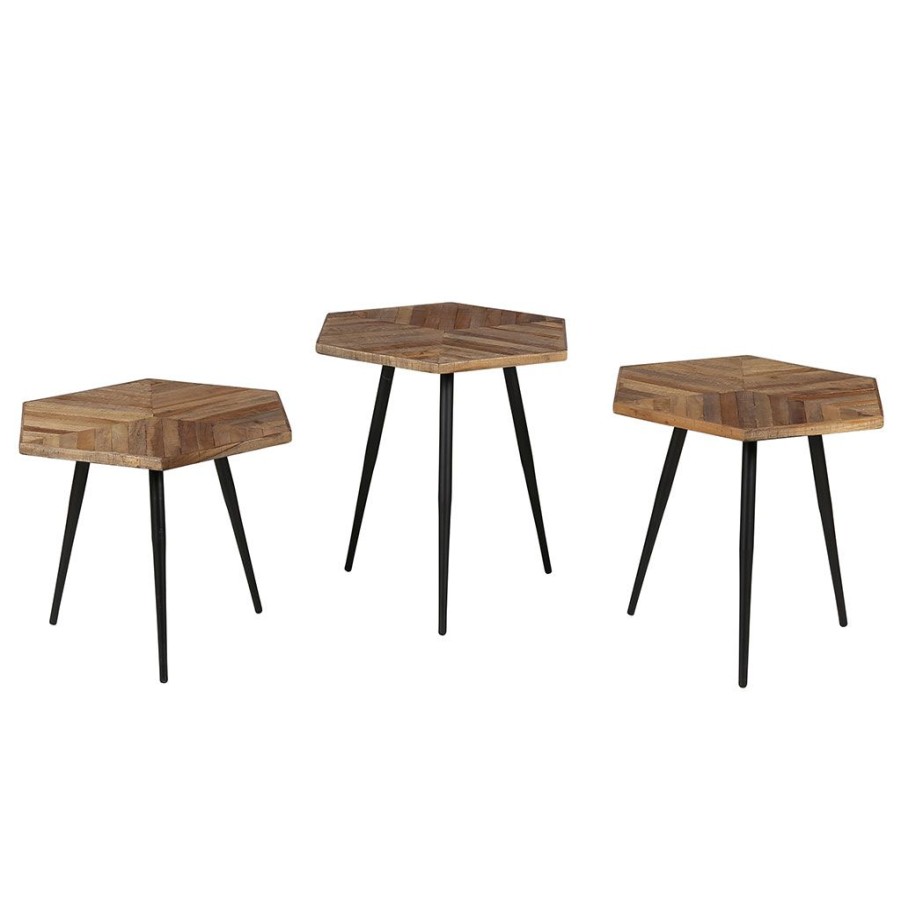 Meubles Fabrique De Styles Table Basses | Tables Basses Gigognes (X 3) En Teck Et Metal Hexagonales - Woody