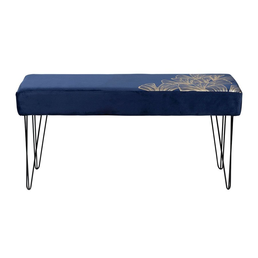 Meubles Fabrique De Styles Bancs Et Banquettes | Banc En Velours Bleu Indigo Et Motifs Dores