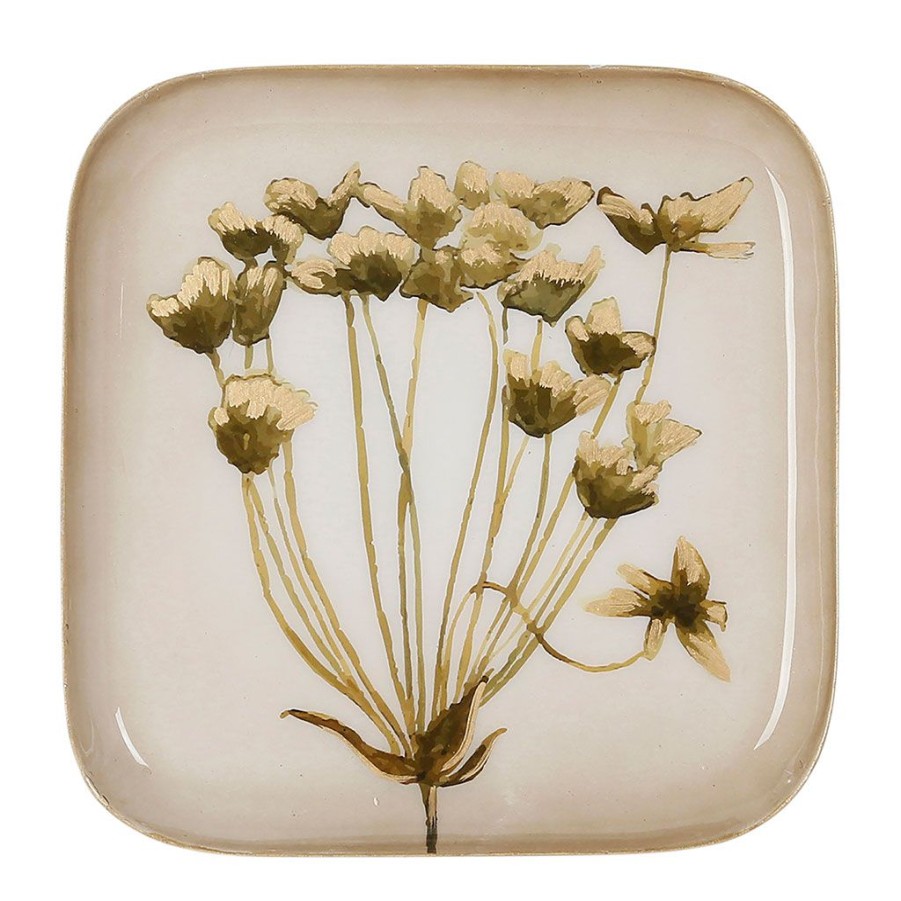 Arts De La Table Fabrique De Styles Plateaux | Plateau Carre Kaki Et Dore 16X16Cm En Fer - Fleur Classic