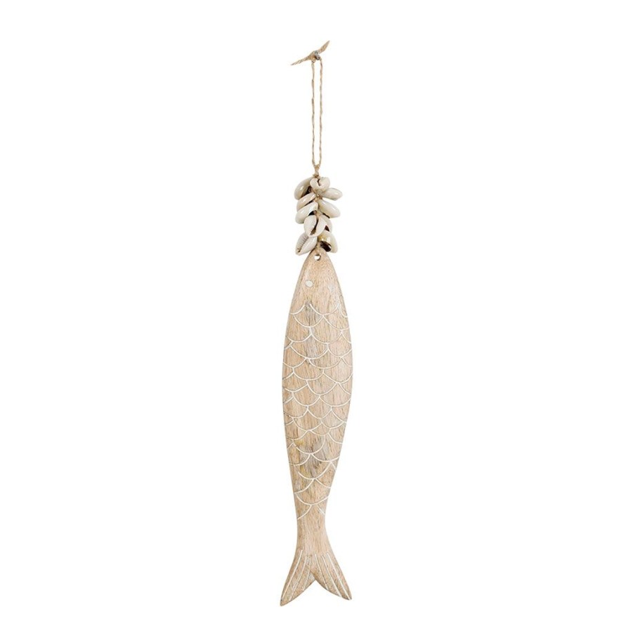 Deco Fabrique De Styles Deco A Suspendre Et Adhesive | Deco Poisson Un Ete A La Mer Naturel H30Cm En Manguier Et Coquillage