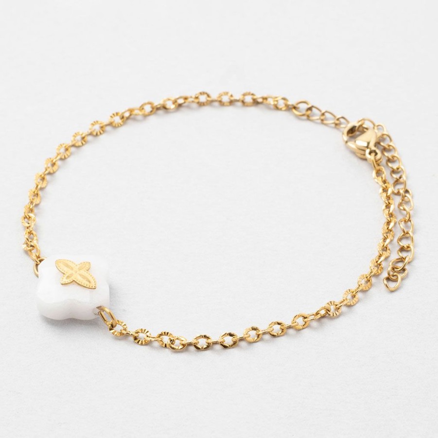 Accessoires Et Loisirs Fabrique De Styles Bijoux Fantaisie | Bracelet En Acier Dore Et Blanc - Trefle