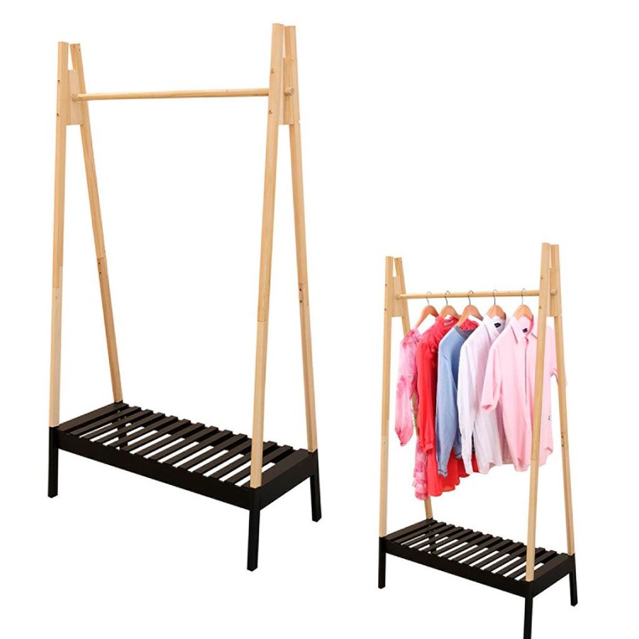 Meubles Fabrique De Styles Valets Et Portants | Portant A Vetements En Bois Naturel Et Noir H170Cm