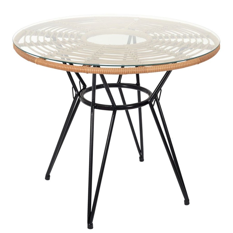 Jardin Fabrique De Styles Tables De Jardin | Table De Repas Ronde En Resine Tressee Avec Plateau En Verre - Saya