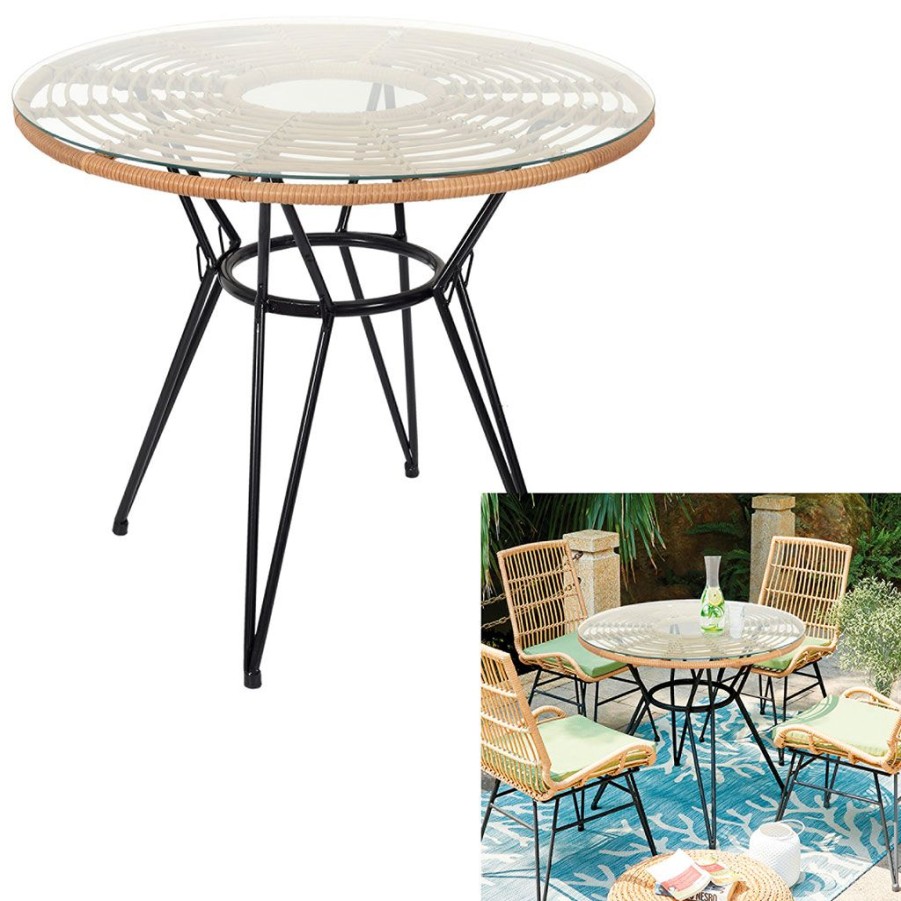 Jardin Fabrique De Styles Tables De Jardin | Table De Repas Ronde En Resine Tressee Avec Plateau En Verre - Saya