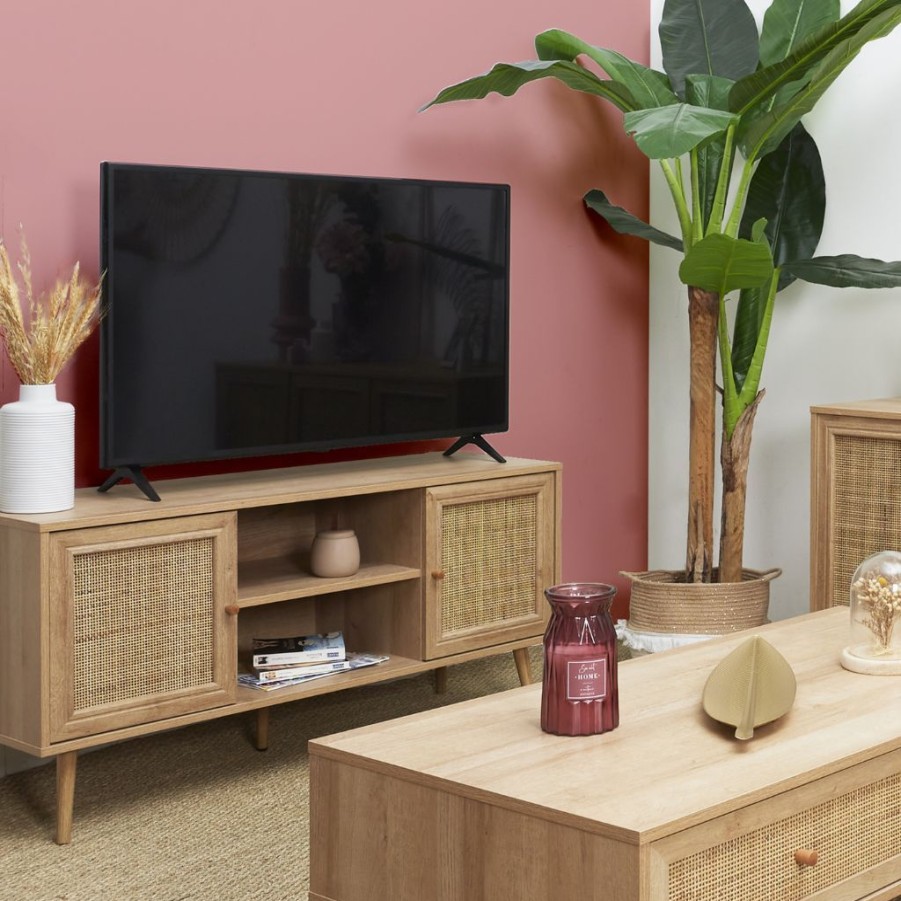 Meubles Fabrique De Styles Meubles Tv | Meuble Tv Naturel En Bois Et Cannage L115Cm - Baia