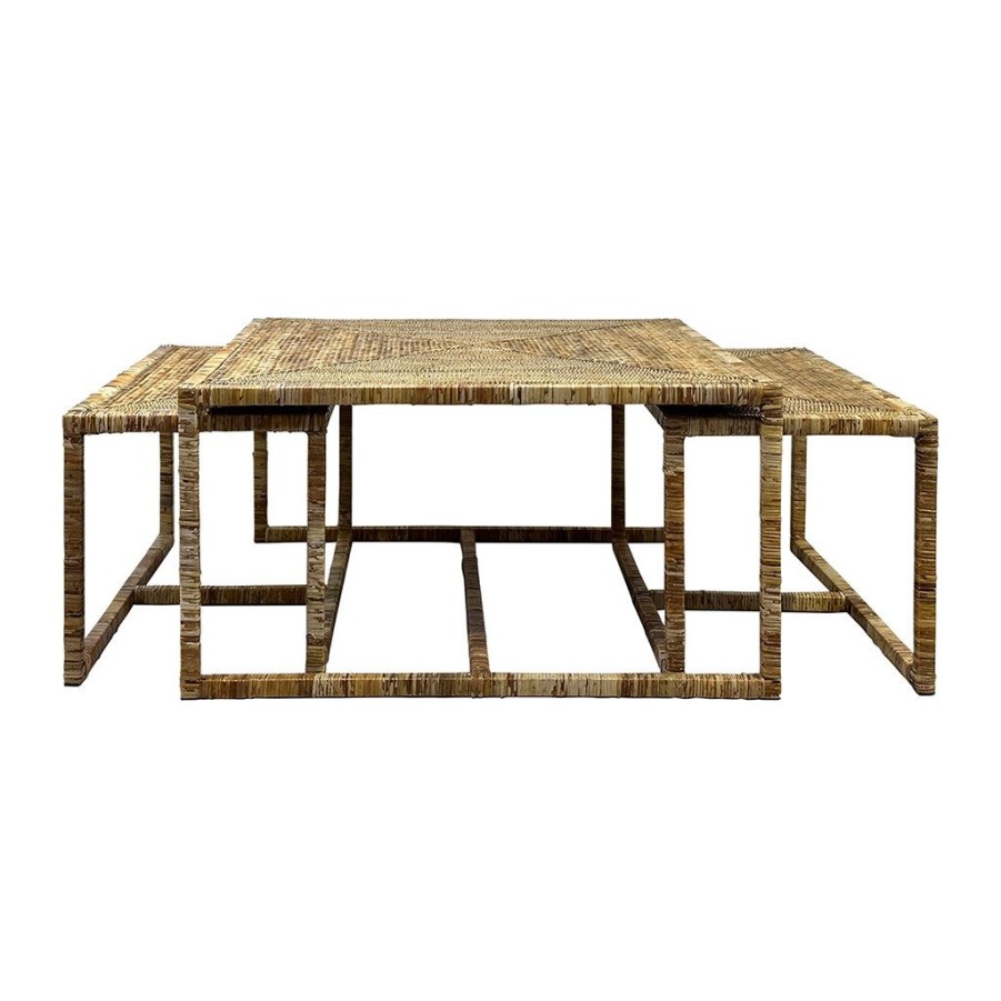 Meubles Fabrique De Styles Table Basses | Table Basse Rectangle Par 3 En Fer Et Rotin Naturel 90X90Cm - Pasil