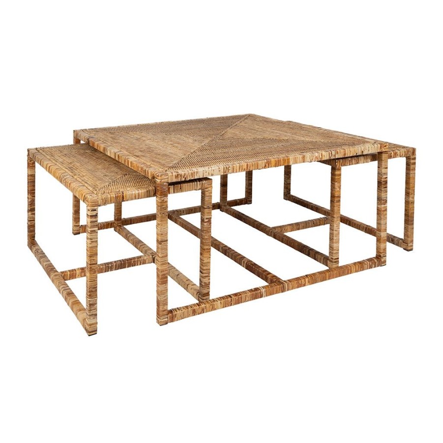 Meubles Fabrique De Styles Table Basses | Table Basse Rectangle Par 3 En Fer Et Rotin Naturel 90X90Cm - Pasil