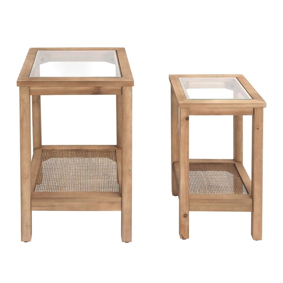 Meubles Fabrique De Styles Bouts De Canape Et Tables D'Appoint | Lot De 2 Tables D'Appoint En Sapin Et Verre Naturel - Firmin