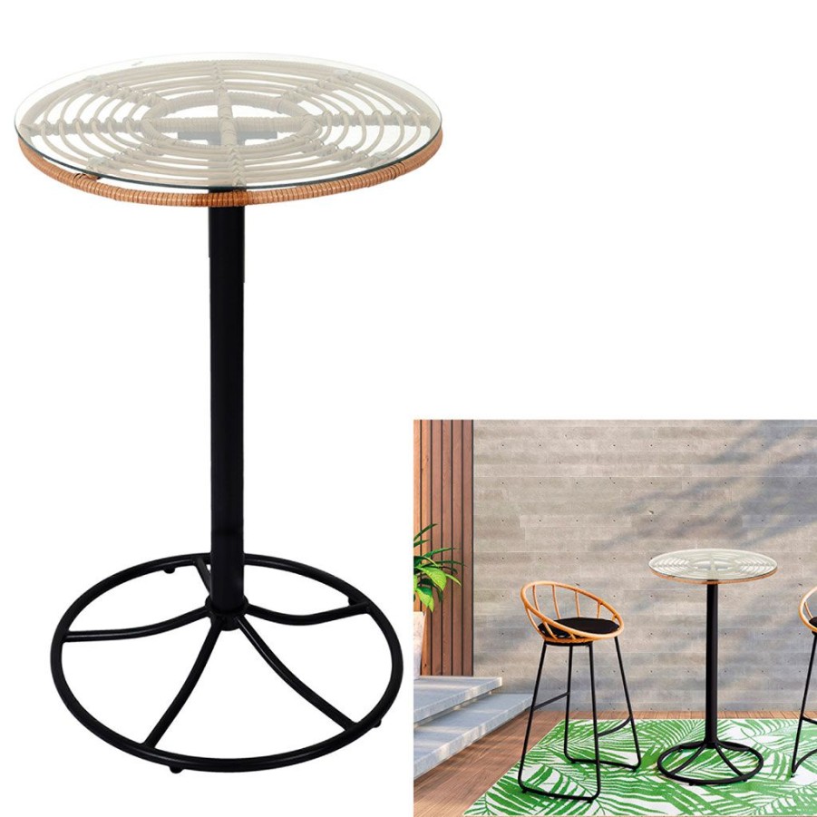 Jardin Fabrique De Styles Tables De Jardin | Table De Bar En Resine Tressee Avec Plateau En Verre - Saya