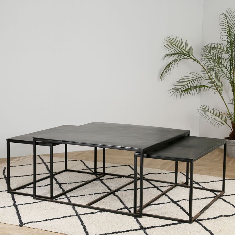 Meubles Fabrique De Styles Table Basses | Table Basse Gigogne Carree (Lot De 3) En Fer Noir - Felia