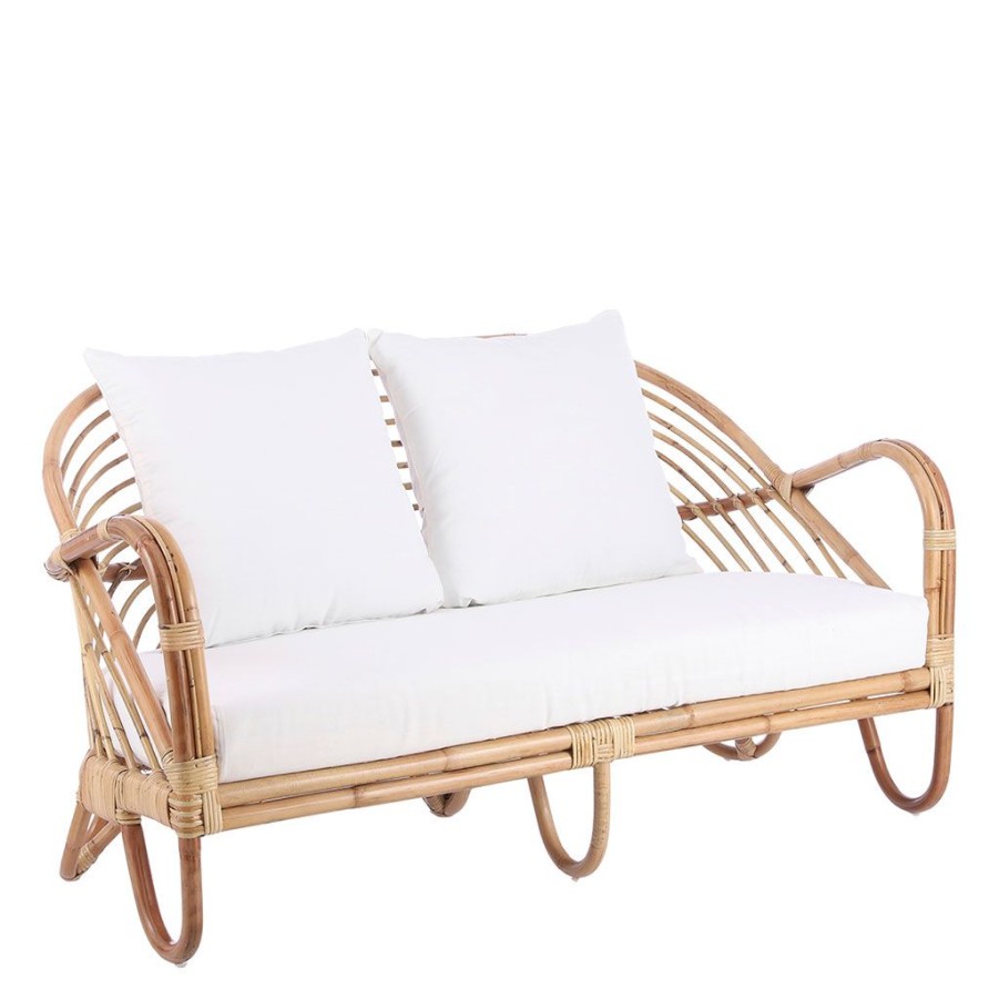 Jardin Fabrique De Styles Bancs&Tabourets | Banc En Rotin 2 Places Avec Coussin Blanc L140Cm - Rochester