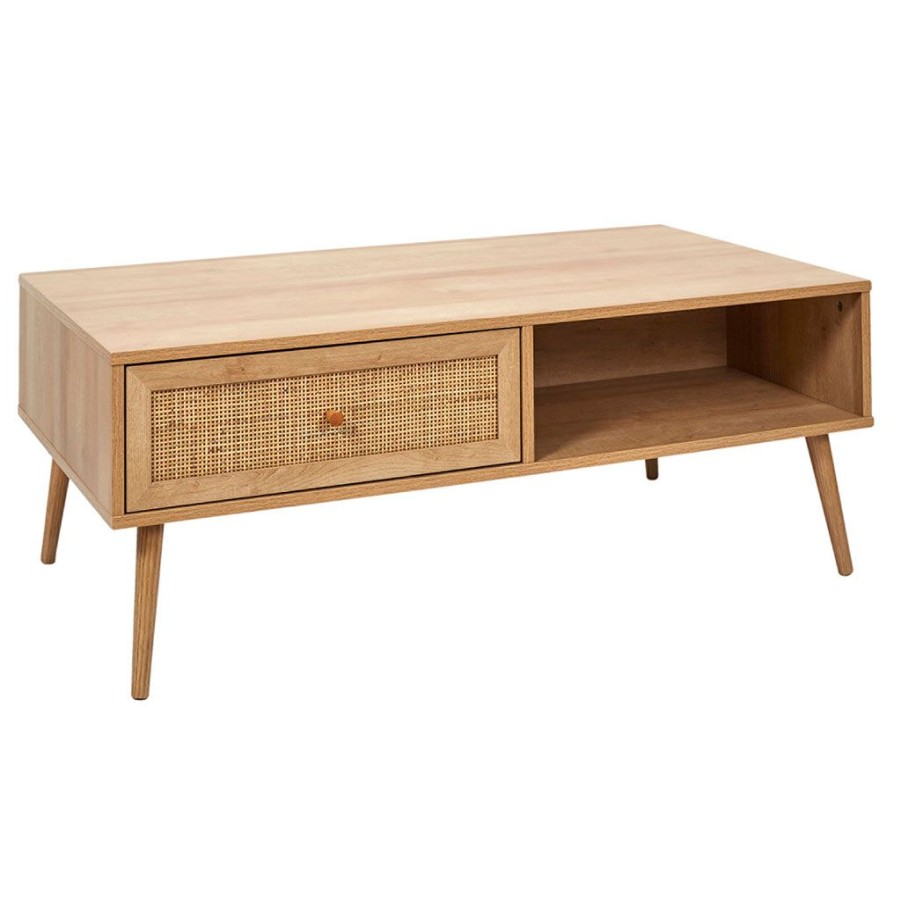 Meubles Fabrique De Styles Table Basses | Table Basse Avec Tiroir En Bois Et Cannage L110Cm - Baia