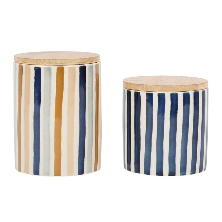 Arts De La Table Fabrique De Styles Pots Et Bocaux | Pot X2 Avec Couvercle En Bambou Raye Bleu Et Beige En Gres - Blue Sand