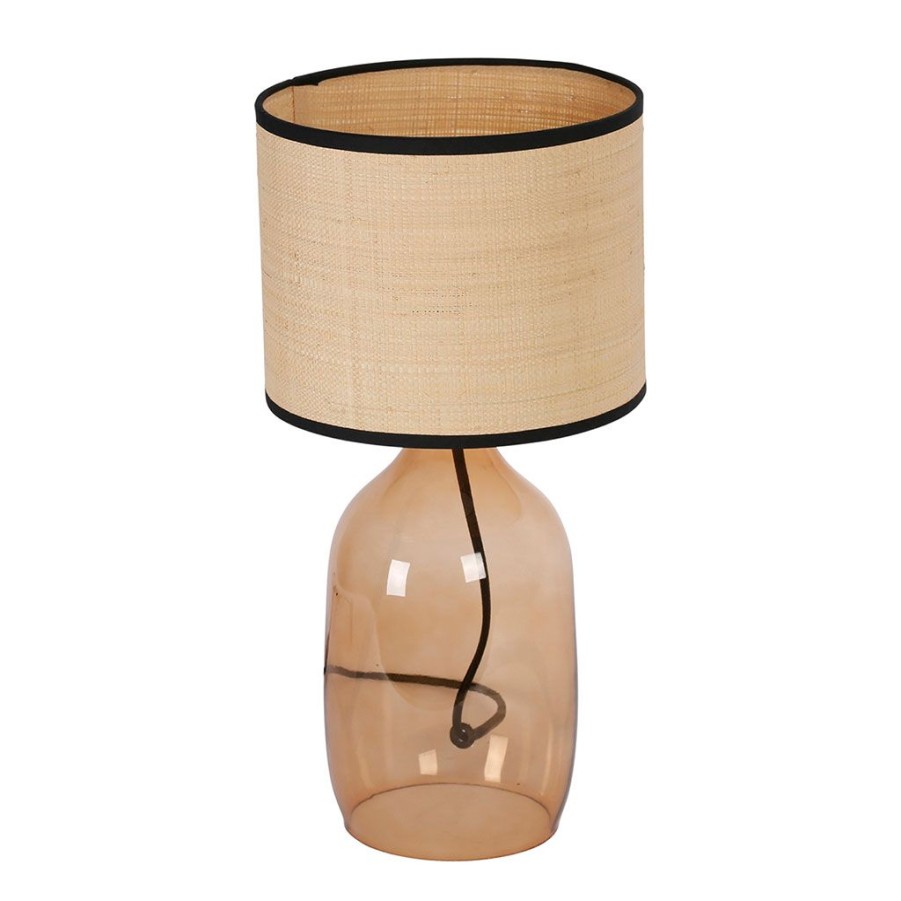 Luminaires Fabrique De Styles | Lampe En Verre Et Raphia H40.5Cm Ambre - Familiale