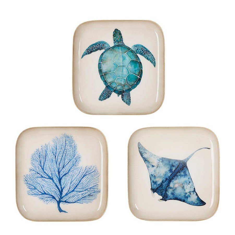 Arts De La Table Fabrique De Styles Plateaux | Lot De 3 Plateaux En Fer Bleu Et Dore - Corfou