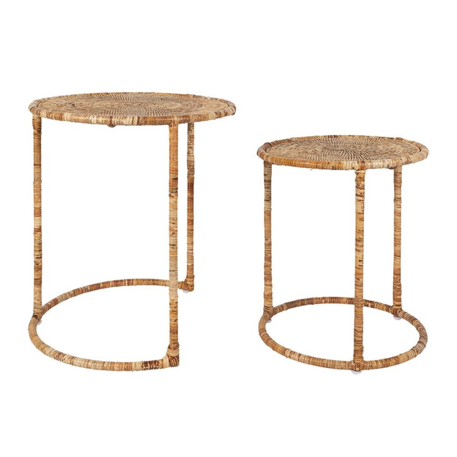 Meubles Fabrique De Styles Table Basses | Table Gigogne Rond Par 2 En Fer Et Rotin Naturel 50X50Cm - Pasil