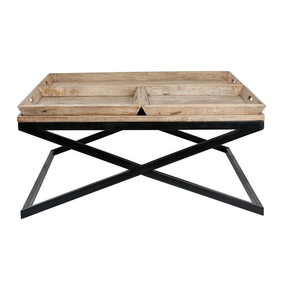 Meubles Fabrique De Styles Table Basses | Table Basse Carree Avec Plateaux En Manguier Et Fer Noir L120Cm - Noe