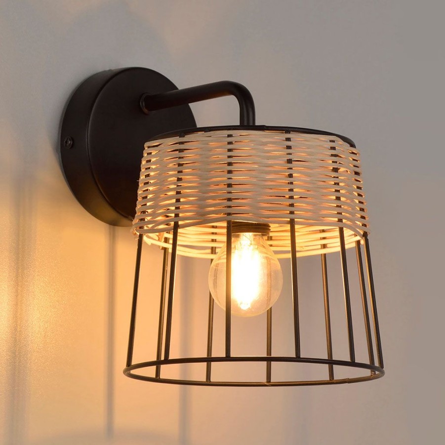 Luminaires Fabrique De Styles | Applique En Metal Et Rotin H20Cm Noir - Indah